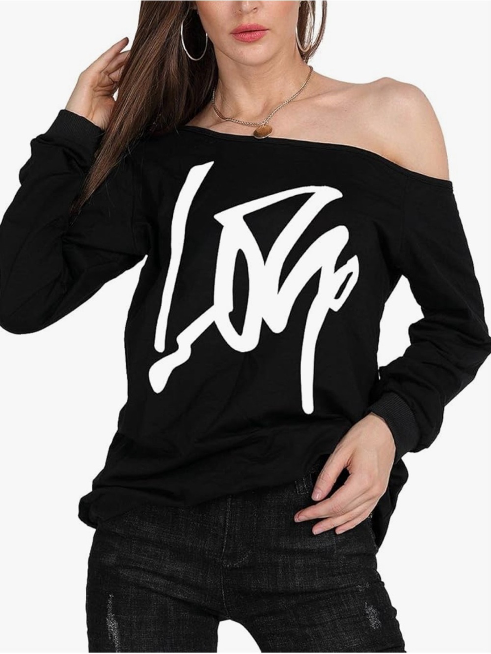 Women's LOVE Black Off-Shoulder Slouchy Graphic Sweatshirt